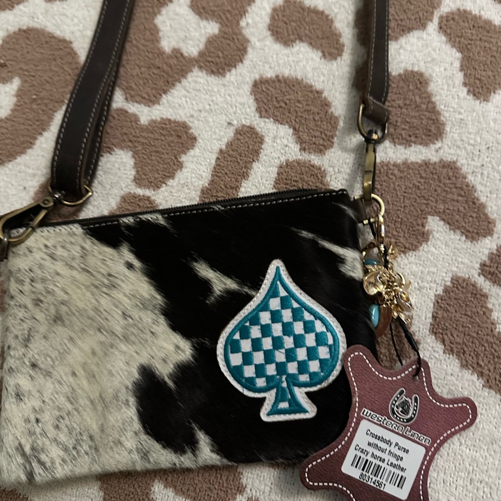 Cowhide Crossbody Purse with Turquoise Spade Patch
